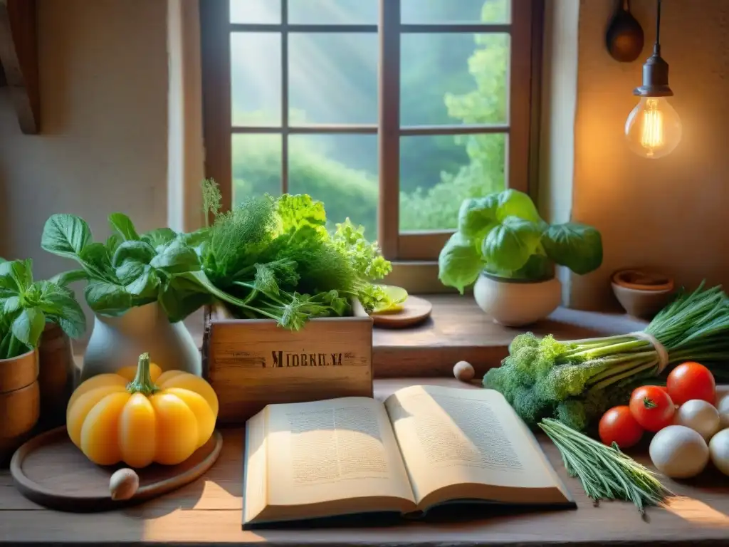 Una cocina francesa rústica con ingredientes olvidados en una mesa de madera envejecida, iluminada por el sol