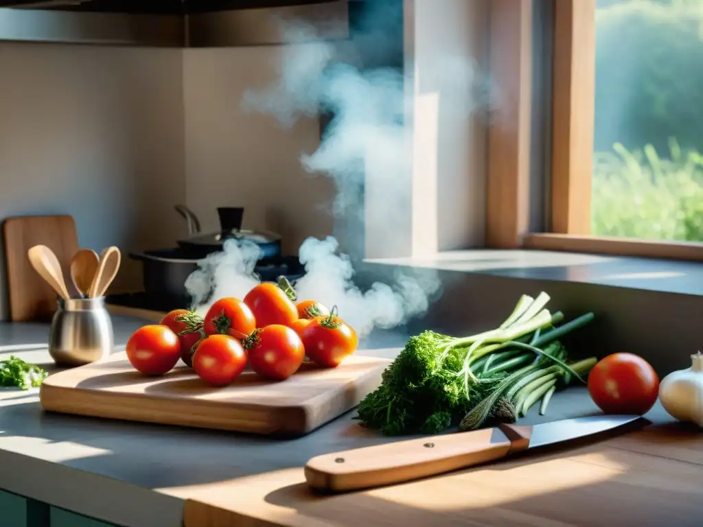 Una cocina francesa rústica con ingredientes frescos y coloridos, cuchillo en mano para preparar sopas y caldos franceses saludables