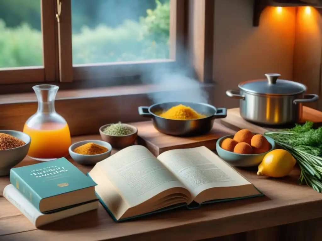 Una cocina francesa rústica con libros de cocina abiertos mostrando platos tradicionales detallados