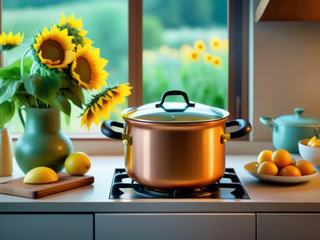 Una cocina francesa rústica llena de ingredientes frescos como girasoles, frutas y verduras, en un estilo impresionista al estilo de Monet