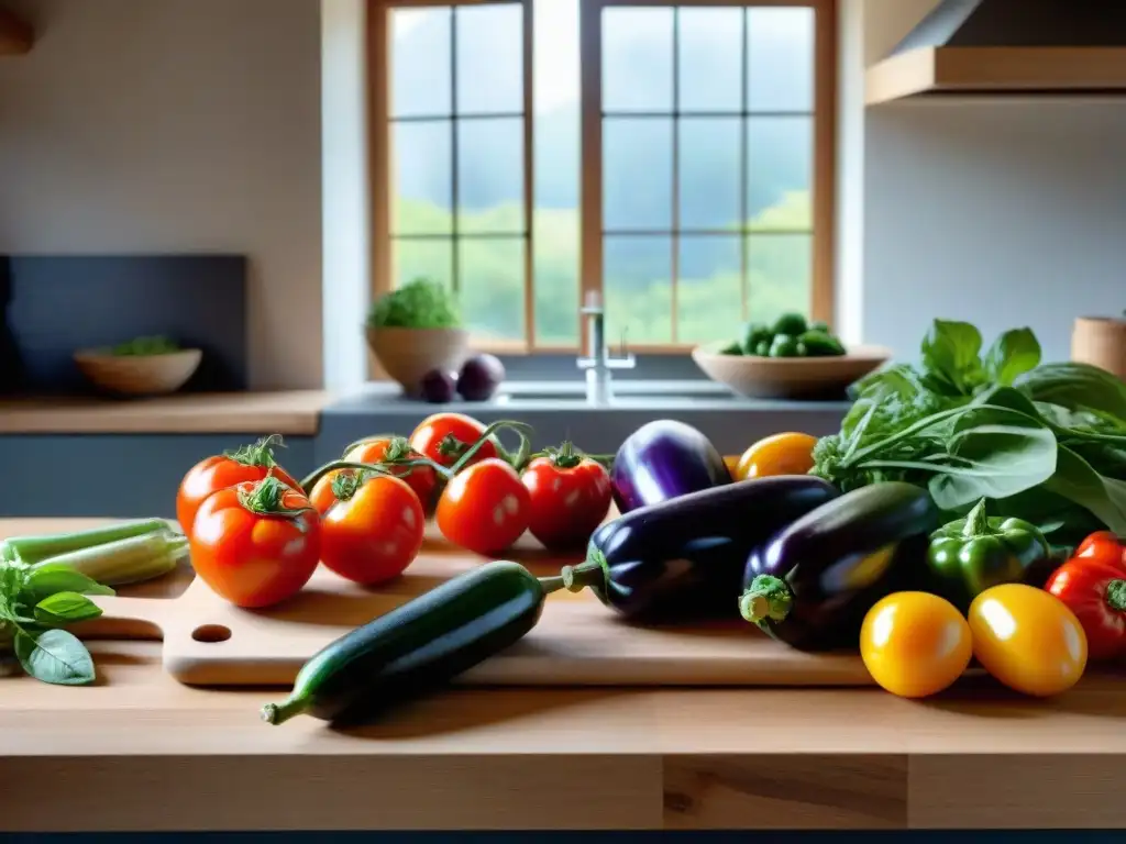 Una cocina francesa rústica llena de verduras frescas, preparando platos vegetarianos franceses deliciosos