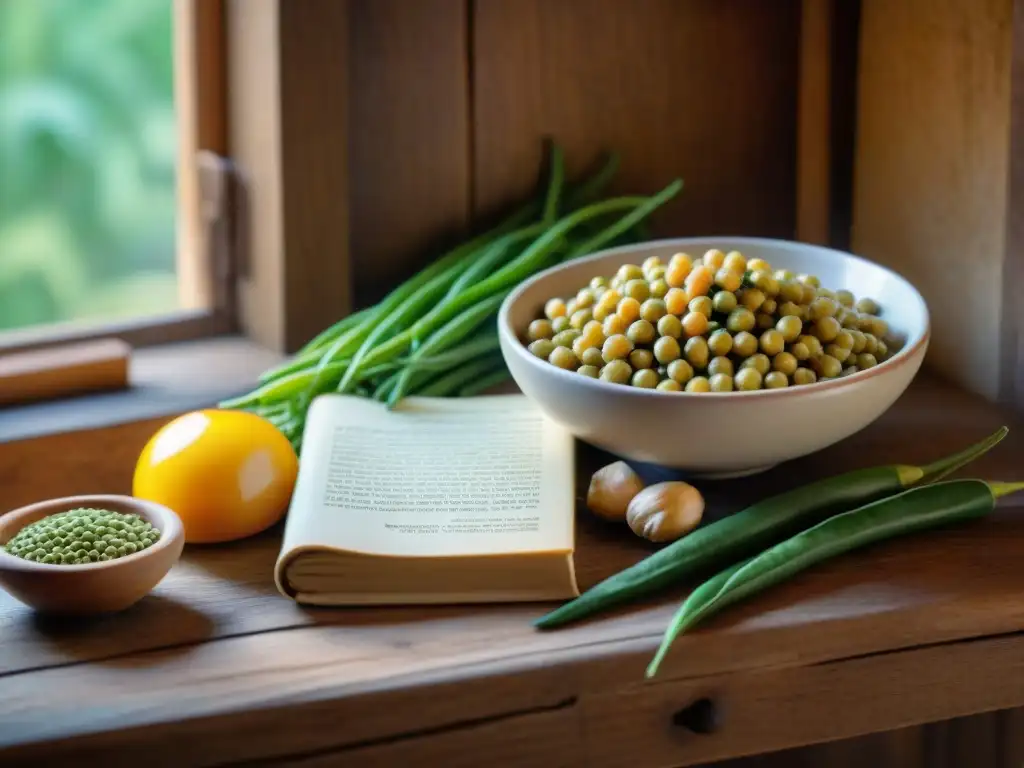 Una cocina francesa rústica llena de legumbres frescas coloridas, con recetas saludables de legumbres francesas en un libro vintage abierto