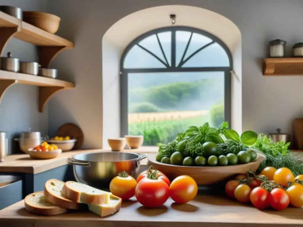 Una cocina francesa rústica llena de ingredientes frescos y coloridos como tomates, hierbas frescas, quesos artesanales y baguettes crujientes