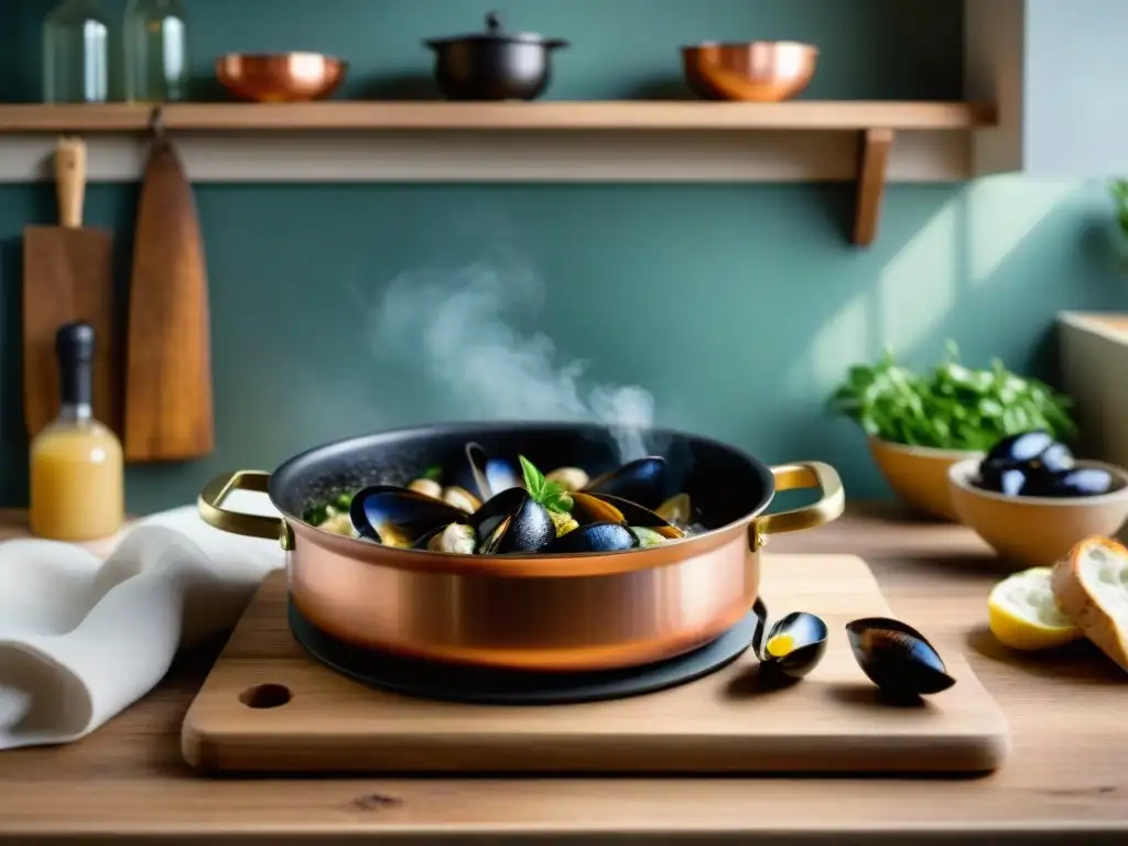 Escena de cocina francesa rústica con mejillones marinière y aromas frescos Una cocina francesa rústica con mejillones marinière humeantes en una olla de cobre