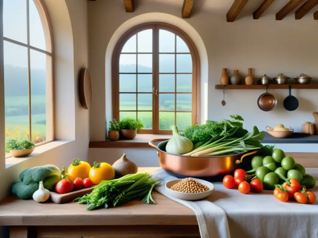 Una cocina francesa rústica con mesa de madera y legumbres frescas