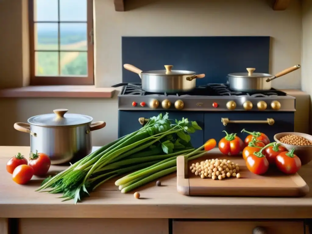 Una cocina francesa rústica con mesa de madera llena de vegetales frescos y recetario vintage