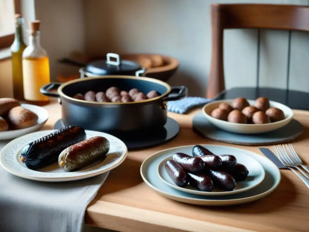 Una cocina francesa rústica con mesa de madera y recetas Boudin Noir Normande gastronomía