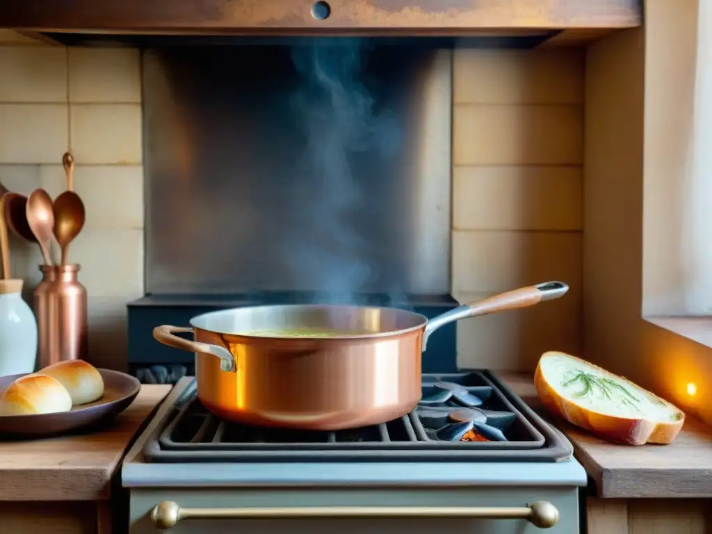 Una cocina francesa rústica con una olla de sopa de cebolla tradicional francesa humeante en la estufa antigua