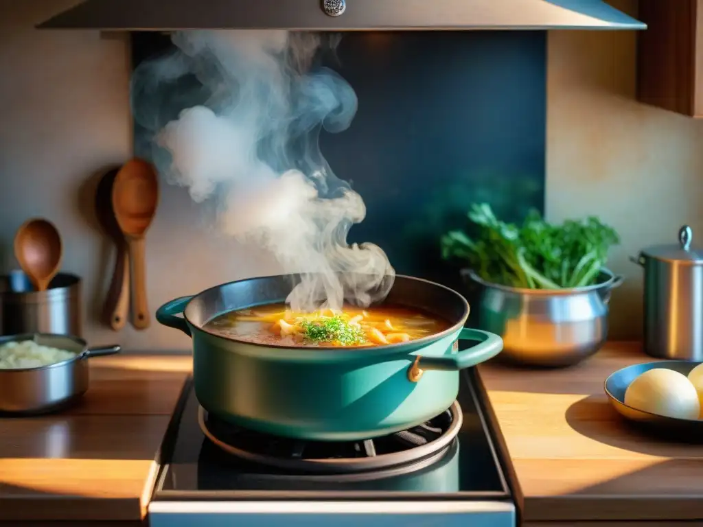 Una cocina francesa rústica con una olla de sopa de cebolla casera humeante en la estufa vintage