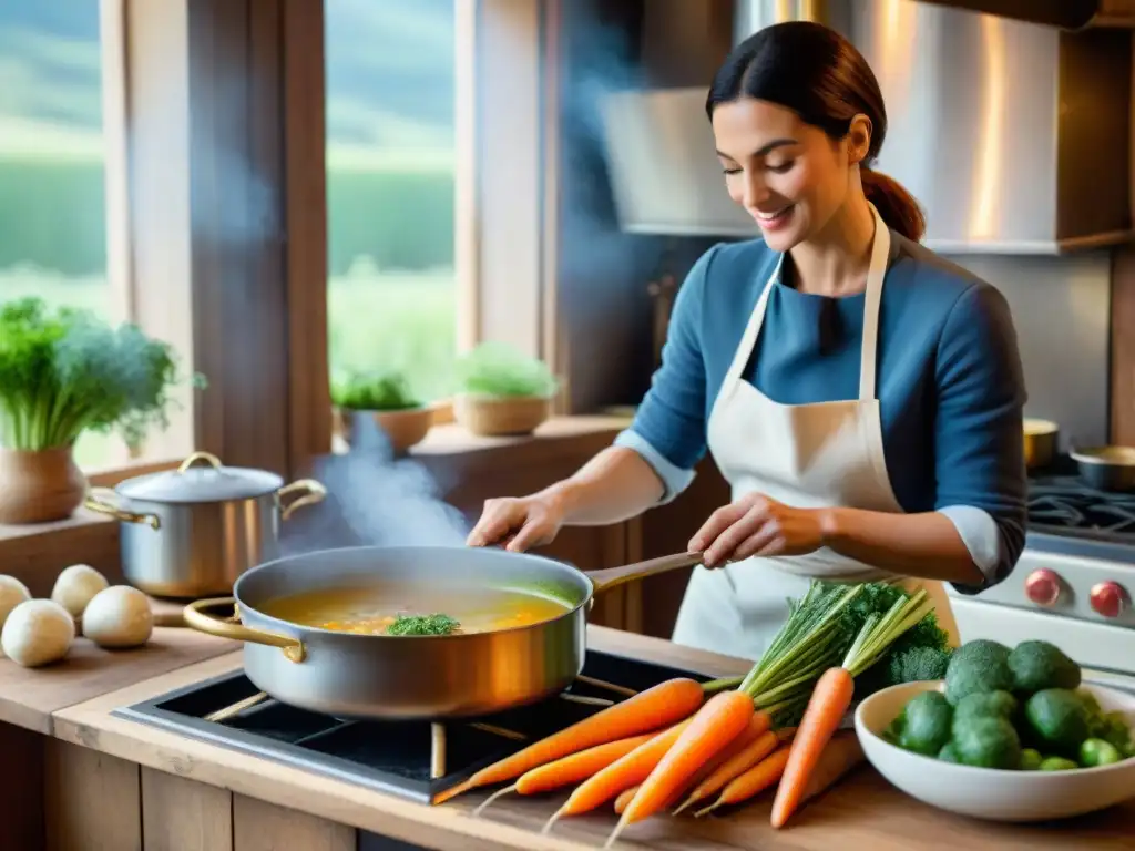 Una cocina francesa rústica con una olla de sopa tradicional francesa humeante en la estufa vintage