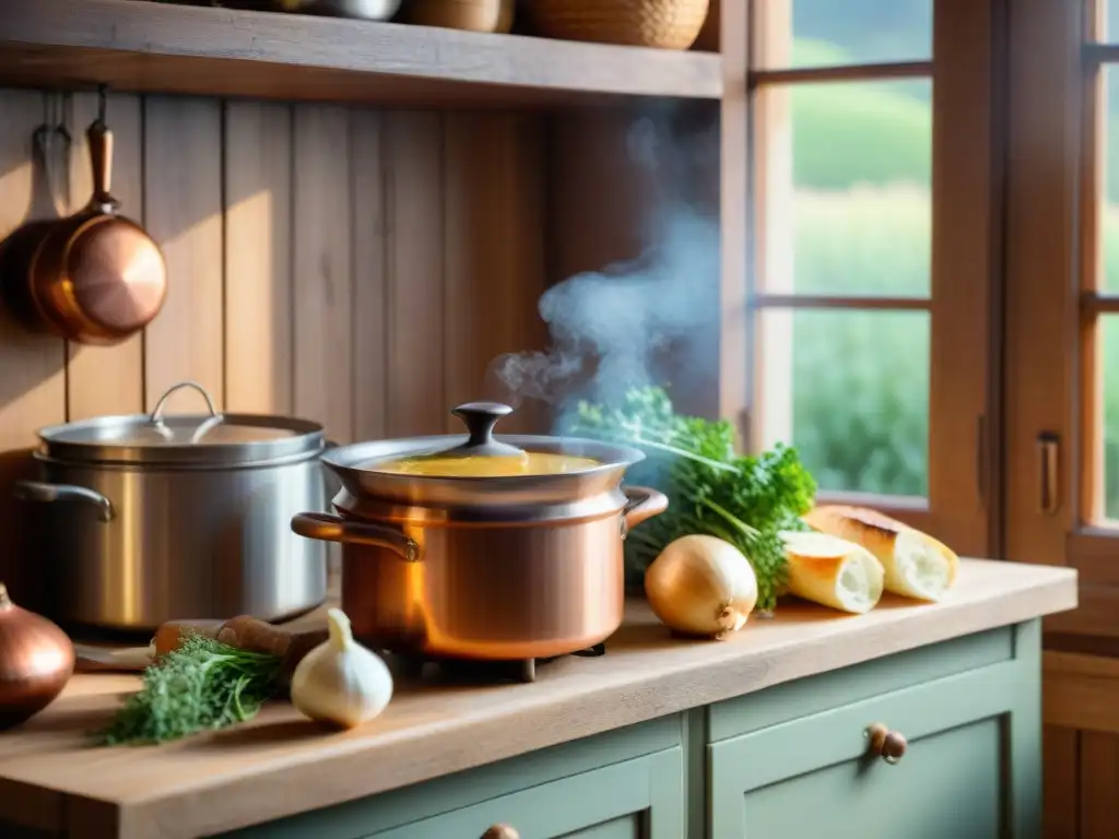 Una cocina francesa rústica con una olla de cobre burbujeante, origen sopa clásica francesa