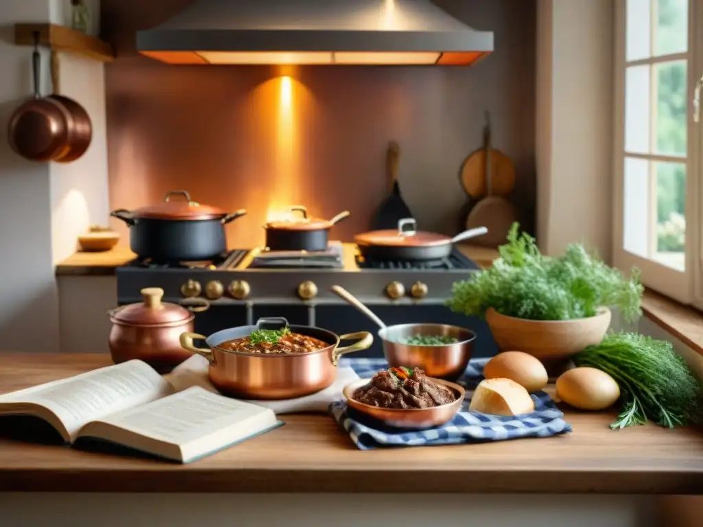 Una cocina francesa rústica con ollas de cobre, estofado burbujeante, pan y hierbas frescas