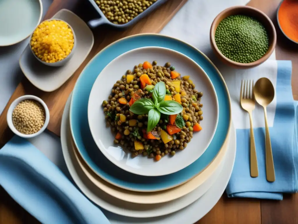 Una cocina francesa rústica con platos de lentejas coloridos y recién cocinados