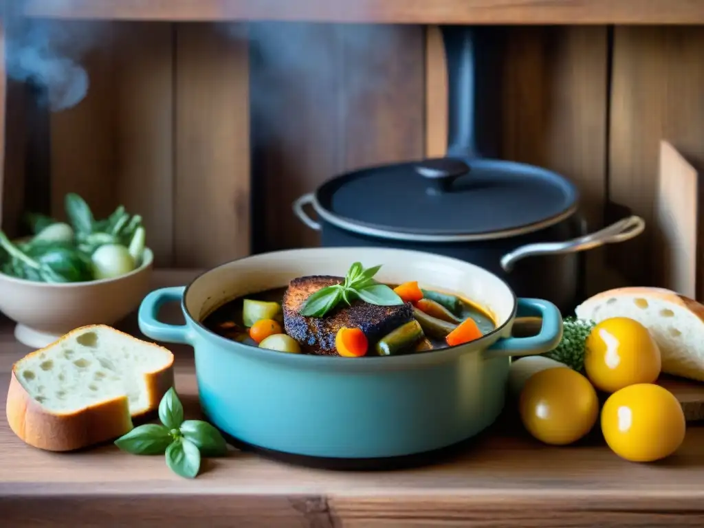 Una cocina francesa rústica con Receta tradicional Potee Normande, verduras frescas y pan rústico en una mesa de madera