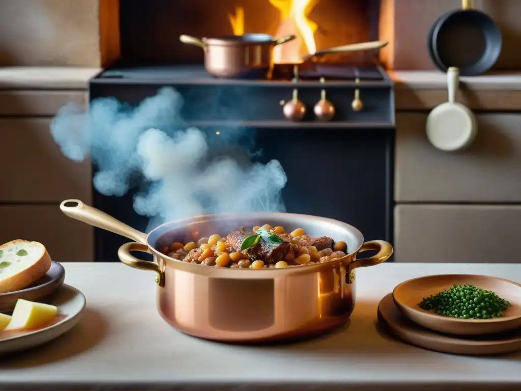 Una cocina francesa rústica con un tradicional guiso de cassoulet cocinándose en una olla de cobre sobre fuego crepitante