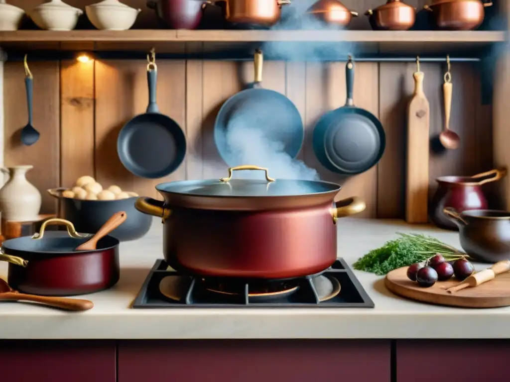 Una cocina francesa rústica con utensilios tradicionales y Boeuf Bourguignon