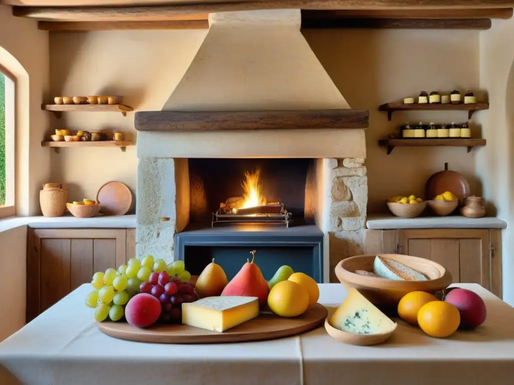 Una cocina francesa rústica con vigas de madera, chimenea de piedra, vino y quesos