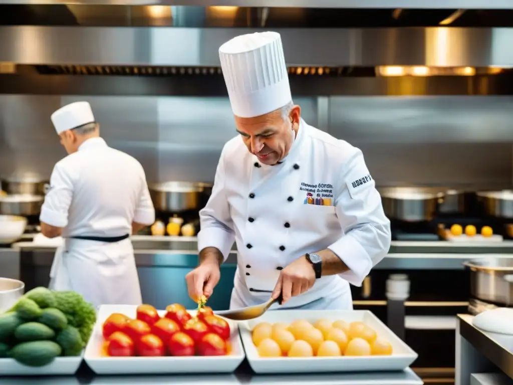 Paul Bocuse en su cocina francesa, probando una salsa con pasión