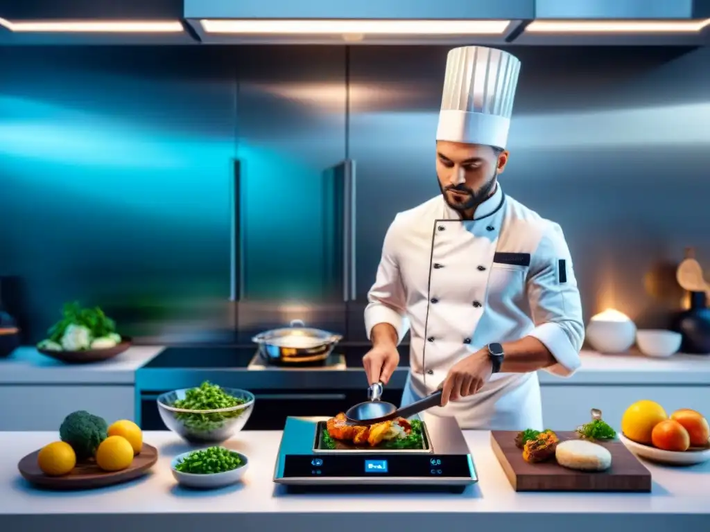 Una cocina francesa saludable con tecnologías emergentes, donde un chef profesional prepara un exquisito plato con precisión