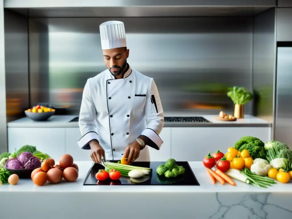 Una cocina francesa saludable con tecnologías emergentes, fusionando lo tradicional con lo innovador en diseño minimalista y acero inoxidable