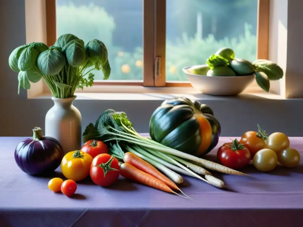 Una cocina francesa serena con una mesa rústica y vegetales frescos