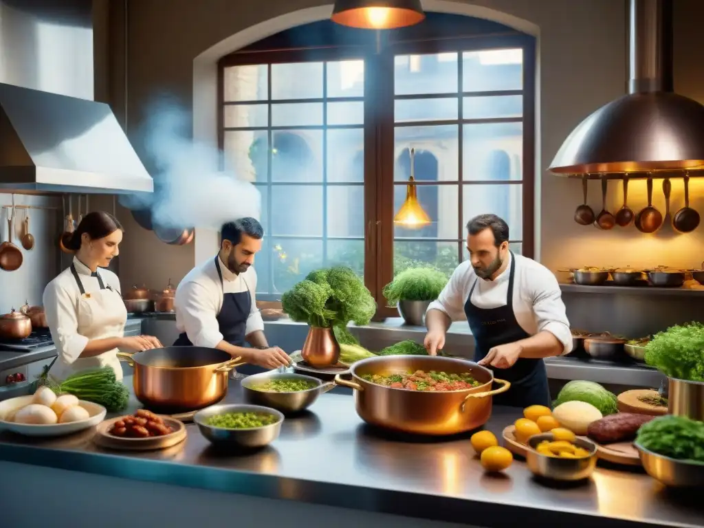 Cocina francesa del siglo XIX con chefs preparando platos tradicionales