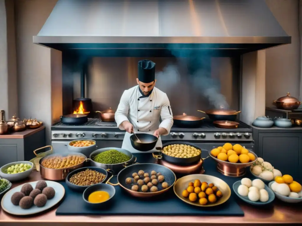 Cocina francesa del siglo XIX: chefs preparando platillos con ingredientes de lujo en utensilios de cobre sobre fuego abierto