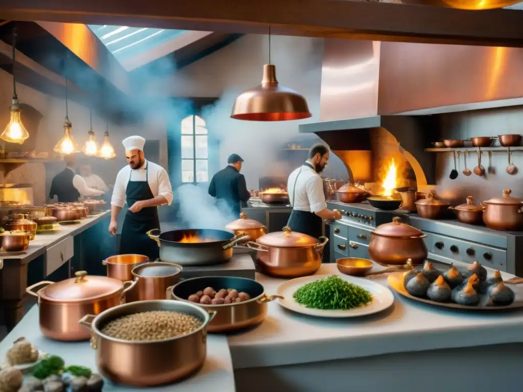 Cocina francesa del siglo XIX: chefs preparan platos elaborados en un bullicioso ambiente culinario