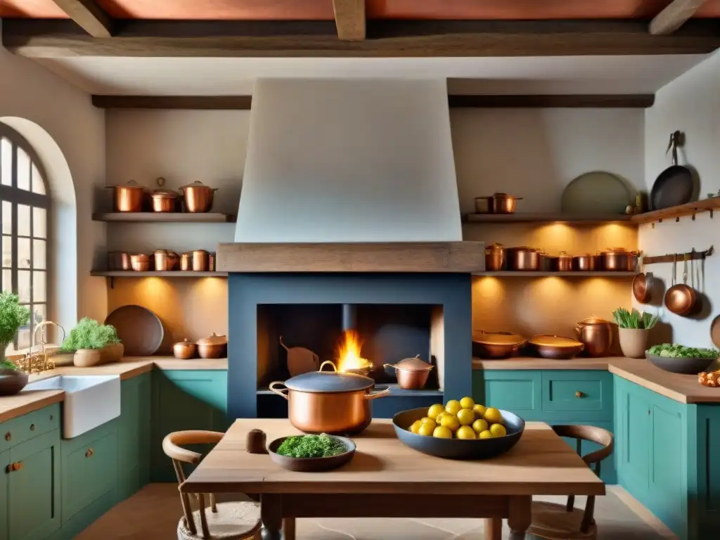 Transformación de cocina francesa siglo XIX: Cocina elegante con utensilios de cobre, chimenea de piedra y mesa de madera con productos frescos