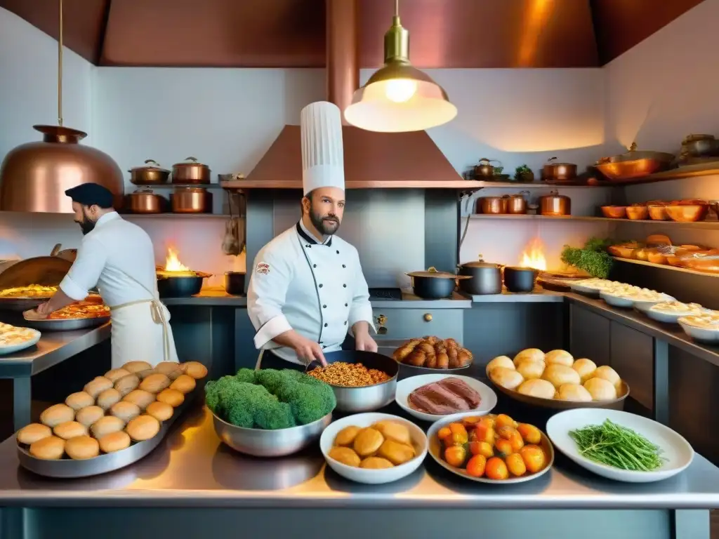 Cocina francesa del siglo XIX: chefs en acción, ollas de cobre, hornos encendidos y mesa rebosante de manjares