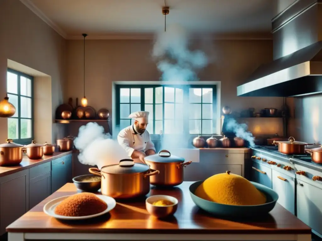 Una cocina francesa del siglo XIX bulliciosa y caótica, con chefs preparando platos elaborados entre ollas de cobre y vapor aromático