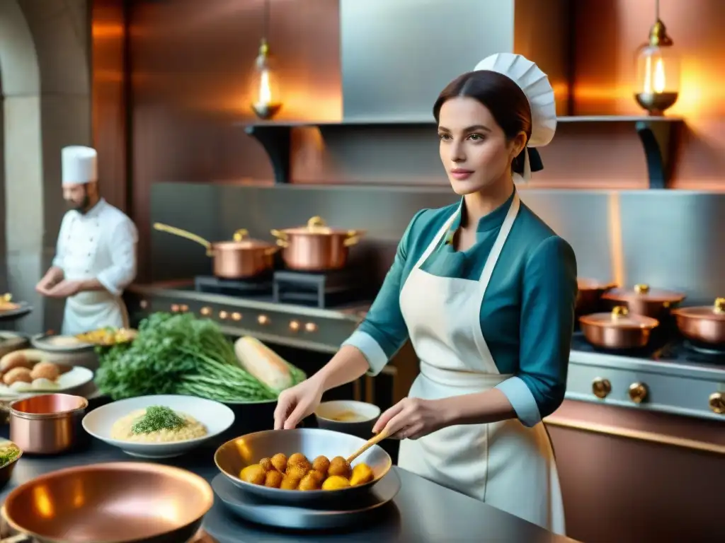 Una cocina francesa del siglo XIX llena de chefs preparando platos elaborados, evocando la influencia cultural de la gastronomía francesa