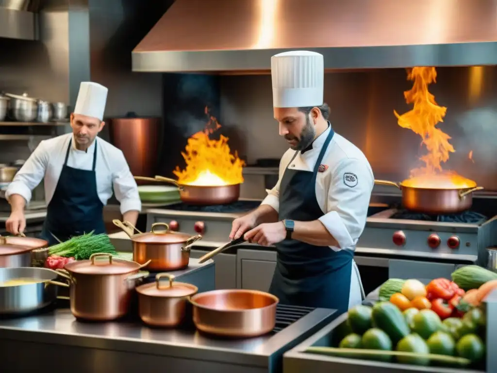 Cocina francesa del siglo XIX: Chefs preparando platos elaborados en una bulliciosa cocina con utensilios de cobre y ollas humeantes