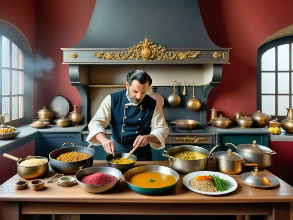 Cocina francesa del siglo XIX: Chefs preparando platos elaborados en una bulliciosa cocina francesa, llena de ingredientes y utensilios vintage