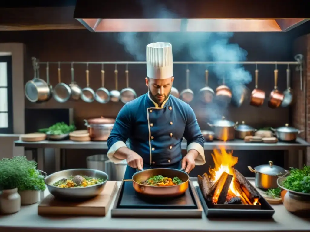 Cocina francesa del siglo XIX: Chefs preparando platos elaborados en una bulliciosa cocina con utensilios vintage y libros de recetas antiguos