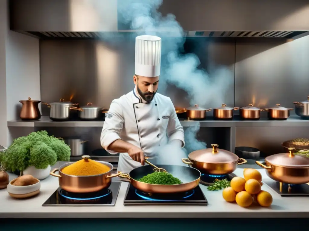 Una cocina francesa del siglo XIX rebosante de actividad, con chefs preparando platos intrincados