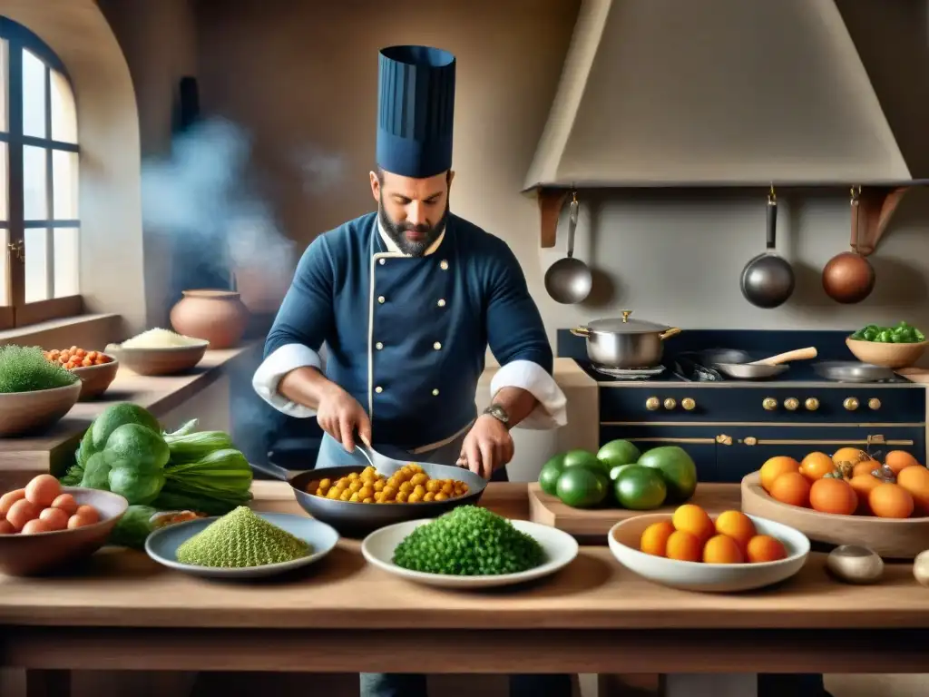 Una cocina francesa del siglo XVII bulliciosa y detallada, con chefs preparando platos elaborados