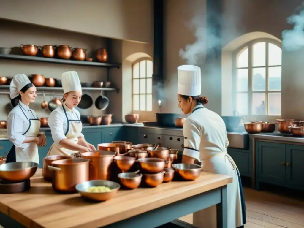 Una cocina francesa del siglo XVIII con chefs y estudiantes preparando platos, reflejando la evolución de las escuelas culinarias francesas