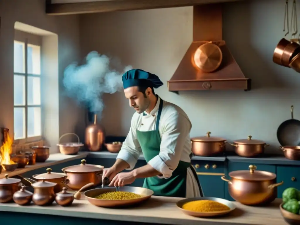 Cocina francesa del siglo XVIII: chefs preparando platos en un ambiente sofisticado