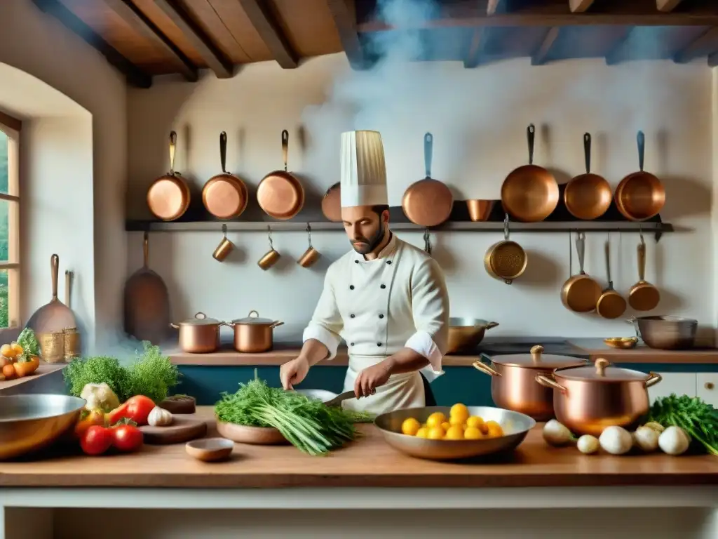 Cocina francesa del siglo XVIII: chefs en acción, ollas de cobre y ingredientes frescos