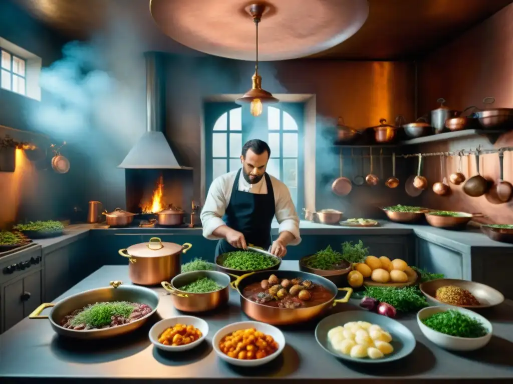 Una cocina francesa del siglo XVIII llena de vida, chefs preparando Platos franceses tradicionales en un ambiente acogedor y lleno de historia