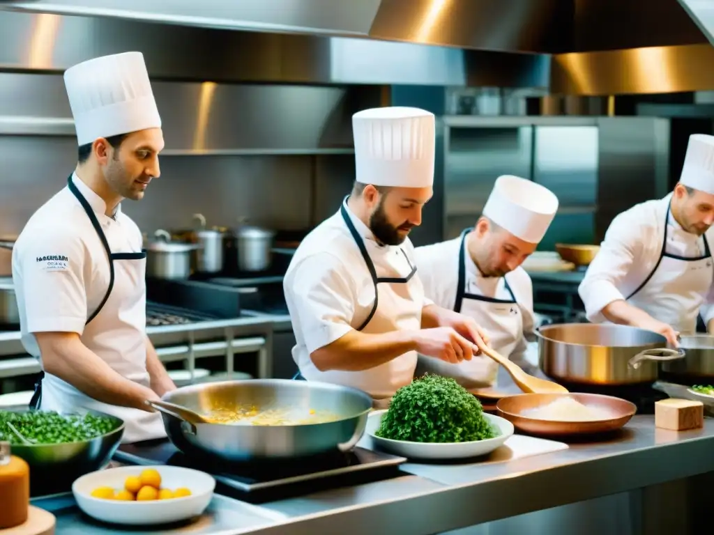 Cocina francesa sostenible y diversa: Chefs preparan platos coloridos con ingredientes orgánicos en una cocina bulliciosa y organizada