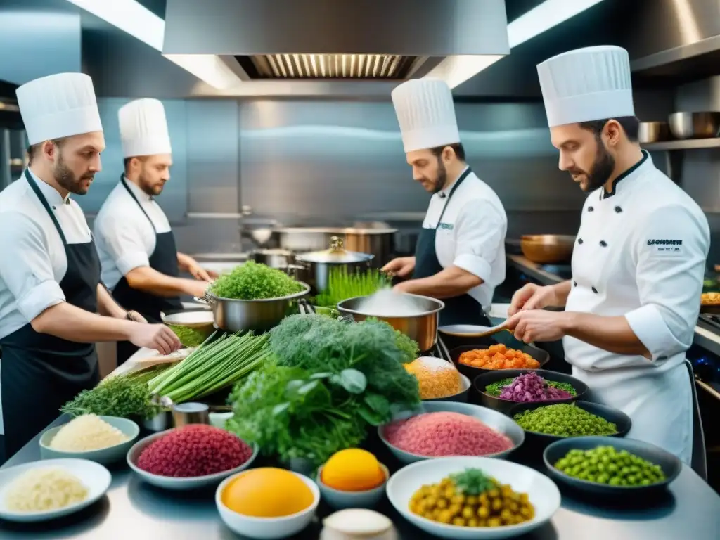 Cocina francesa sostenible en restaurante chic, chefs preparando con pasión platos artísticos