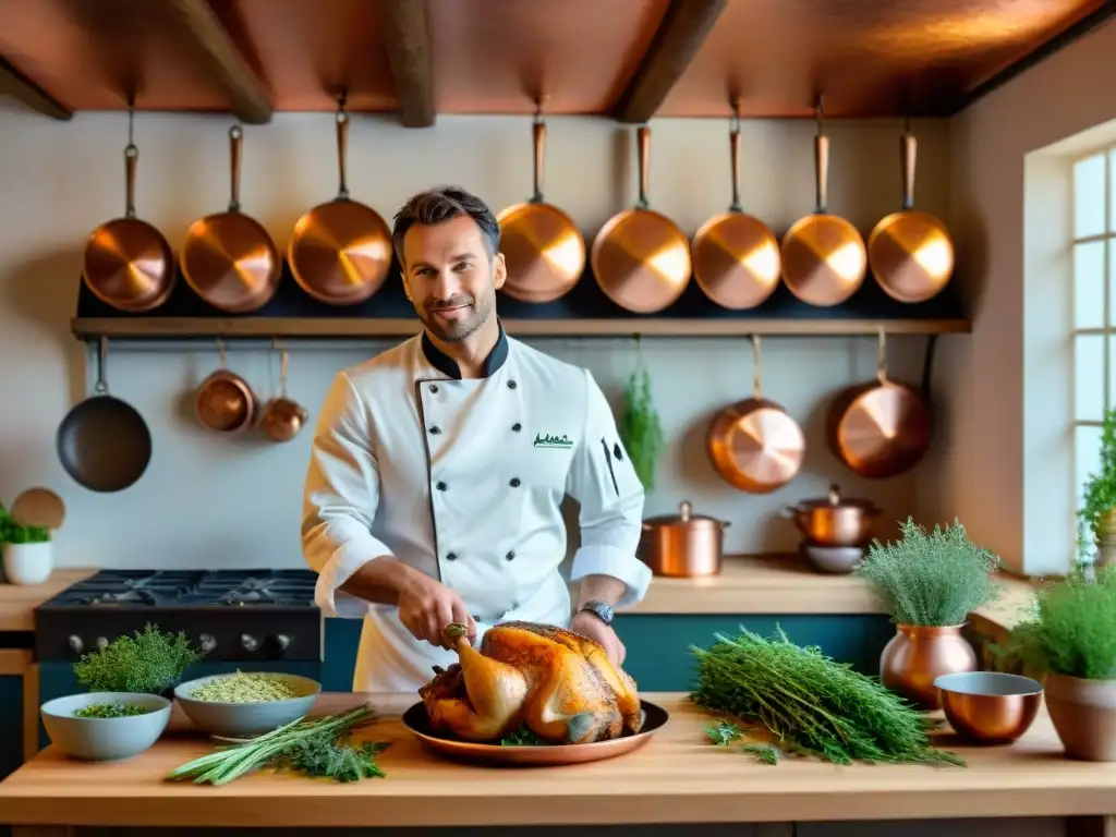 Escena culinaria francesa: chef preparando pollo al estragón Una cocina francesa tradicional con chef preparando pollo al estragón