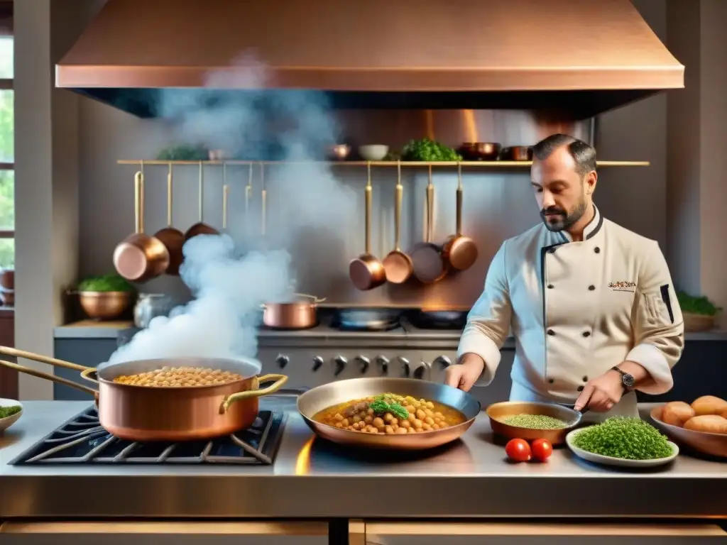 Una cocina francesa tradicional con un chef preparando un cassoulet receta tradicional francesa en una estufa vintage