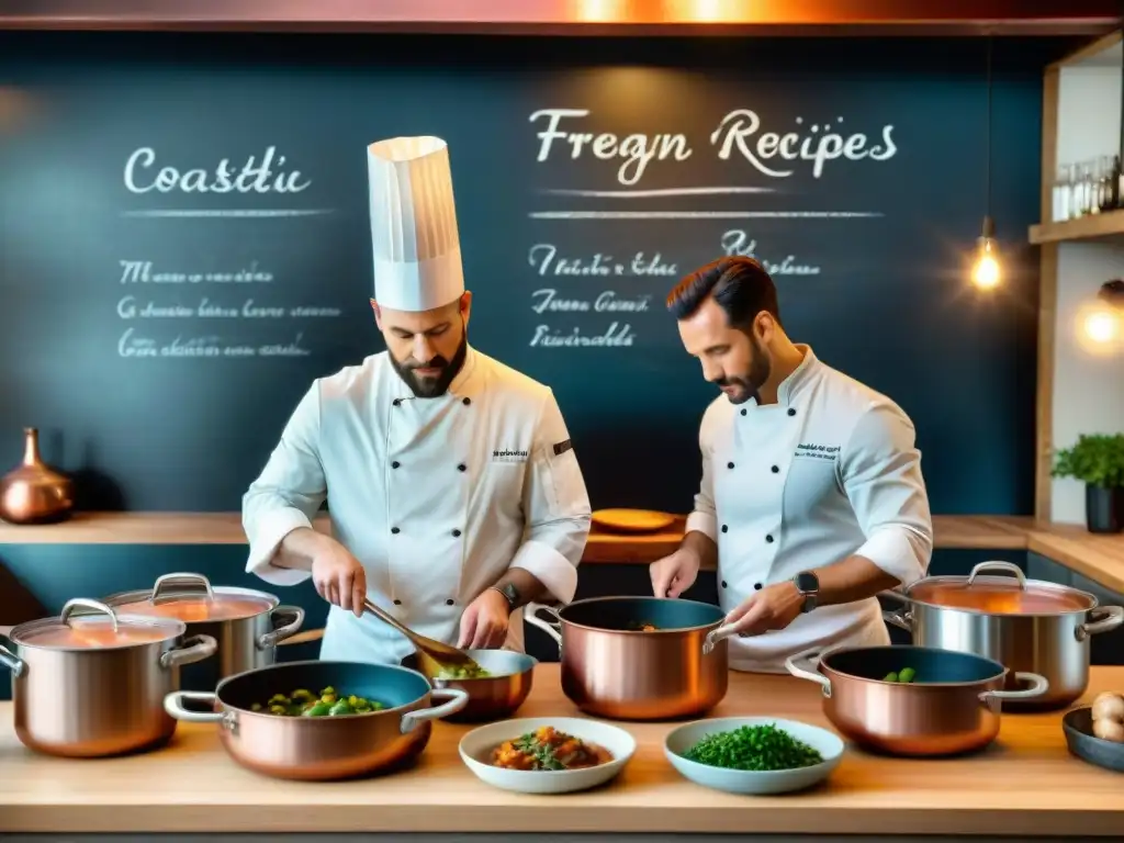 Cocina francesa tradicional con chefs preparando platos clásicos como Coq au Vin y Ratatouille