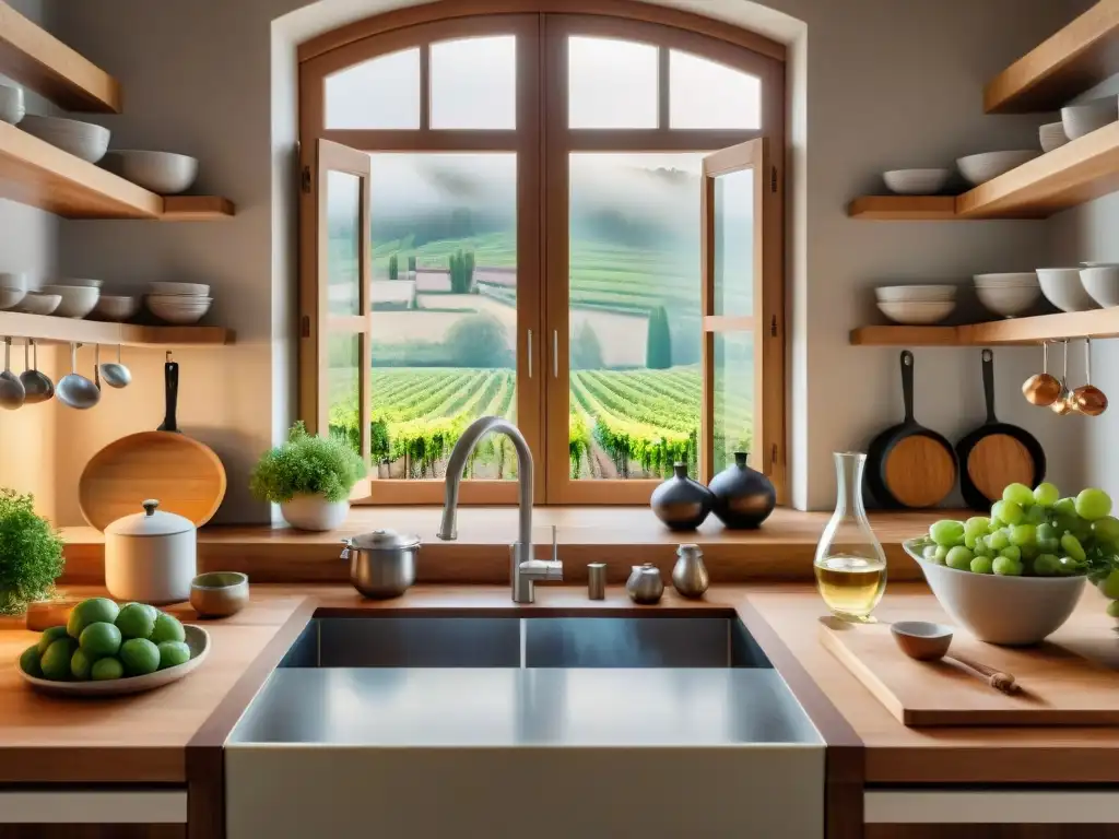 Una cocina francesa tradicional con chefs preparando delicias de los viñedos de Borgoña, reflejando la esencia de la gastronomía francesa