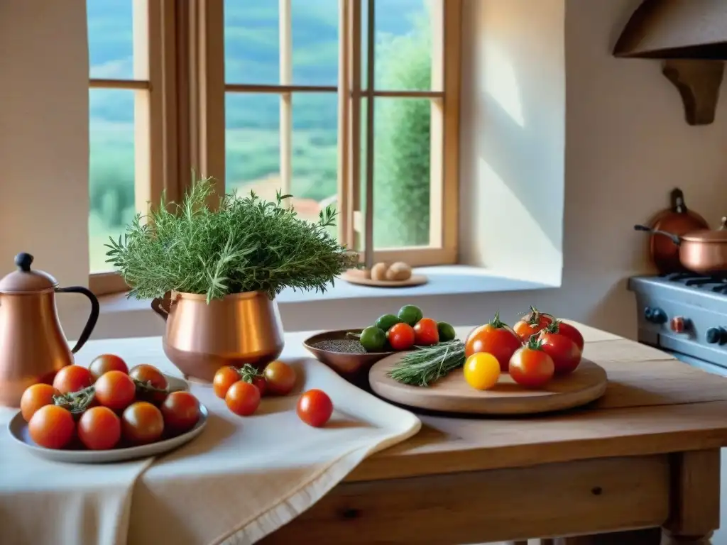 Una cocina francesa tradicional en Provence con hierbas frescas, tomates coloridos, aceite de oliva premium y libros de cocina vintage