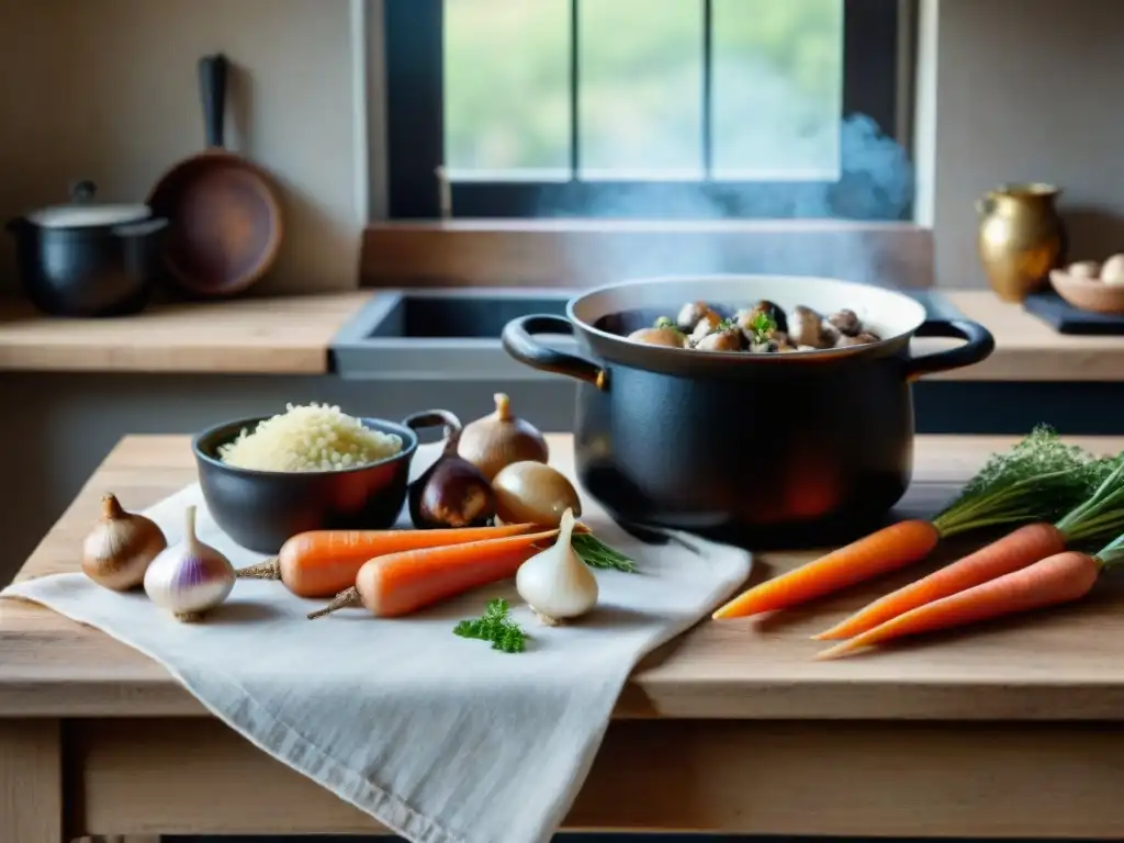 Una cocina francesa tradicional con ingredientes frescos para preparar un delicioso Coq au vin receta tradicional