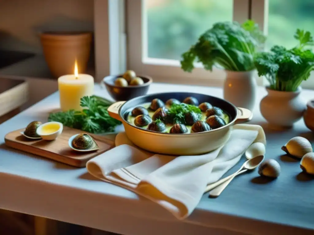 Una cocina francesa tradicional con ingredientes para la receta tradicional escargots Borgoña, iluminada por luz natural